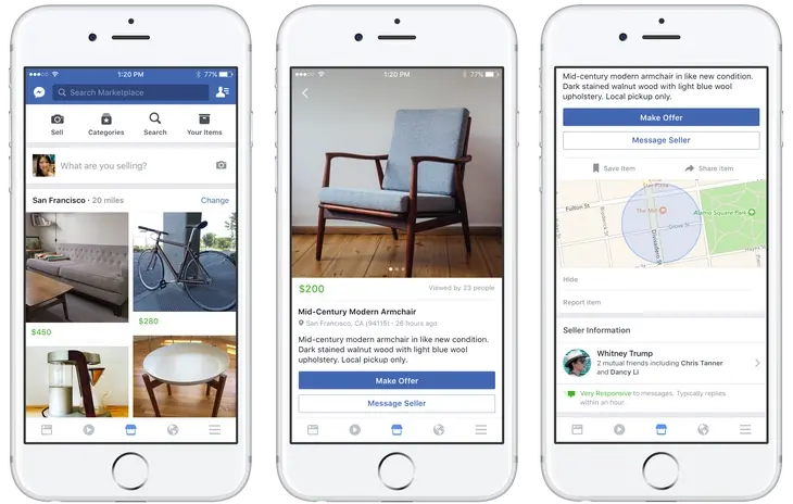 Marketplace merupakan tempat yang disediakan Facebook dimana pengguna bisa menemukan, membeli dan menjual produk. Pengguna bisa menelusuri penawaran, mencari item yang dijual dan sekitar mereka, atau menemukan produk yang bisa dikirimkan.